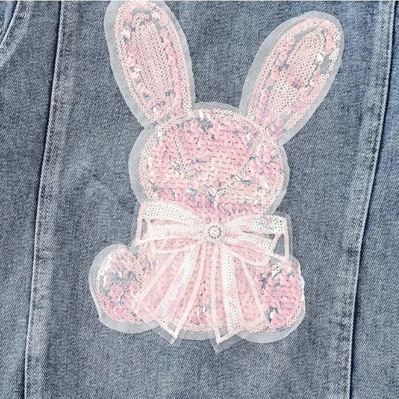 Girls Embroidered Bunny Denim Jacket Soft Cotton Jean Jacket Kids Spring Fall - Picture 7 of 8